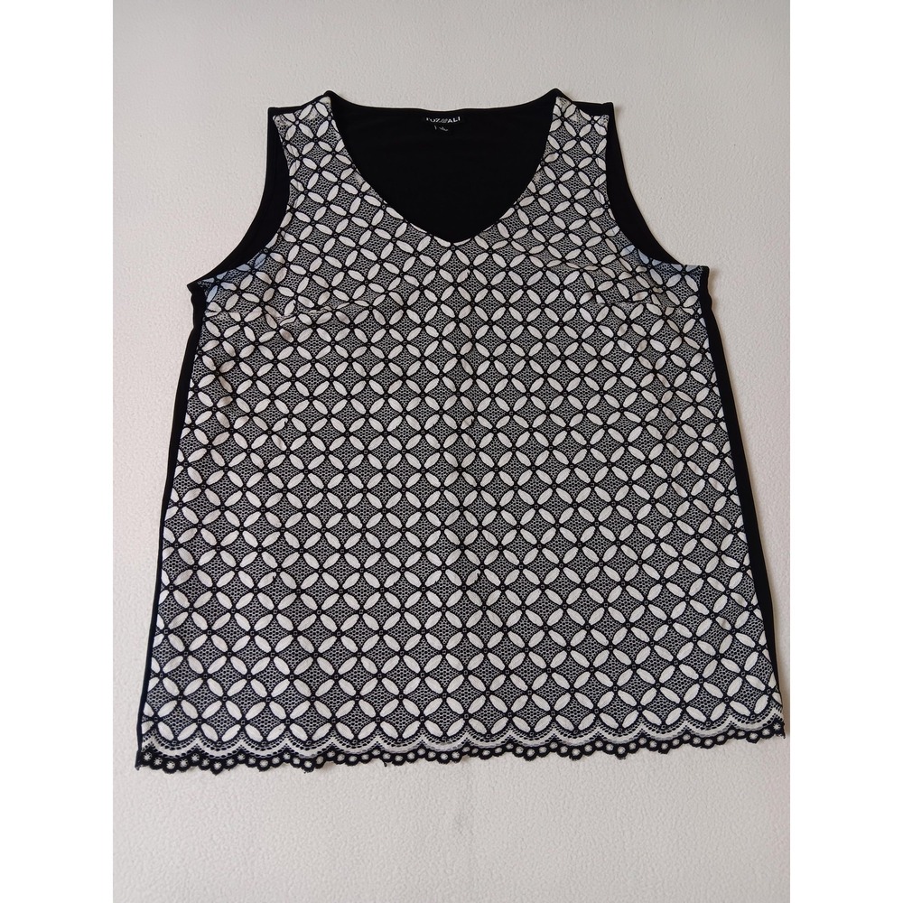 Roz And Ali Tunic Tank V-Neck Womens L Black Lace Floral Embroidered Lined